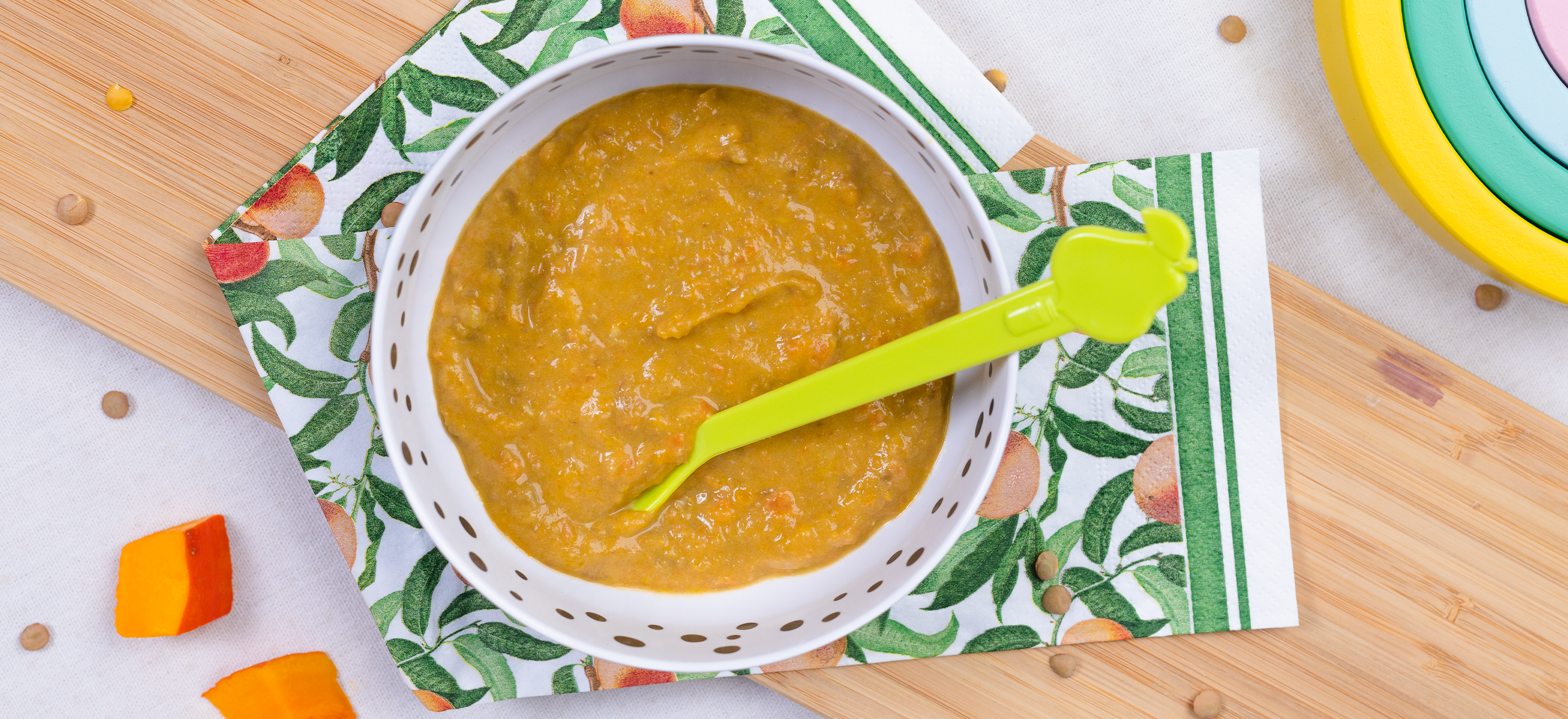 Wortel-pompoenpuree met groene linzen